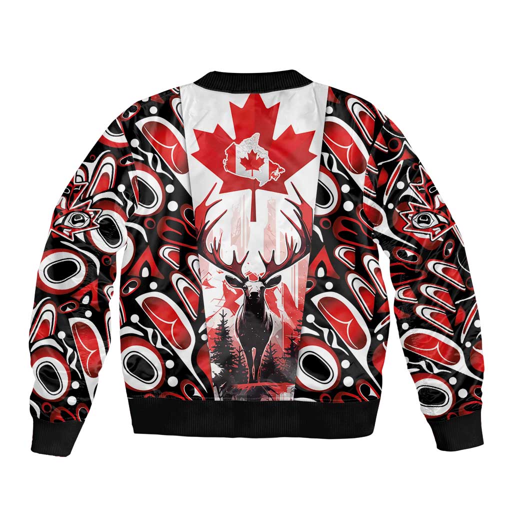 Canada Day Bomber Jacket The Forest Moose and Maple Leaves-Haida Pattern