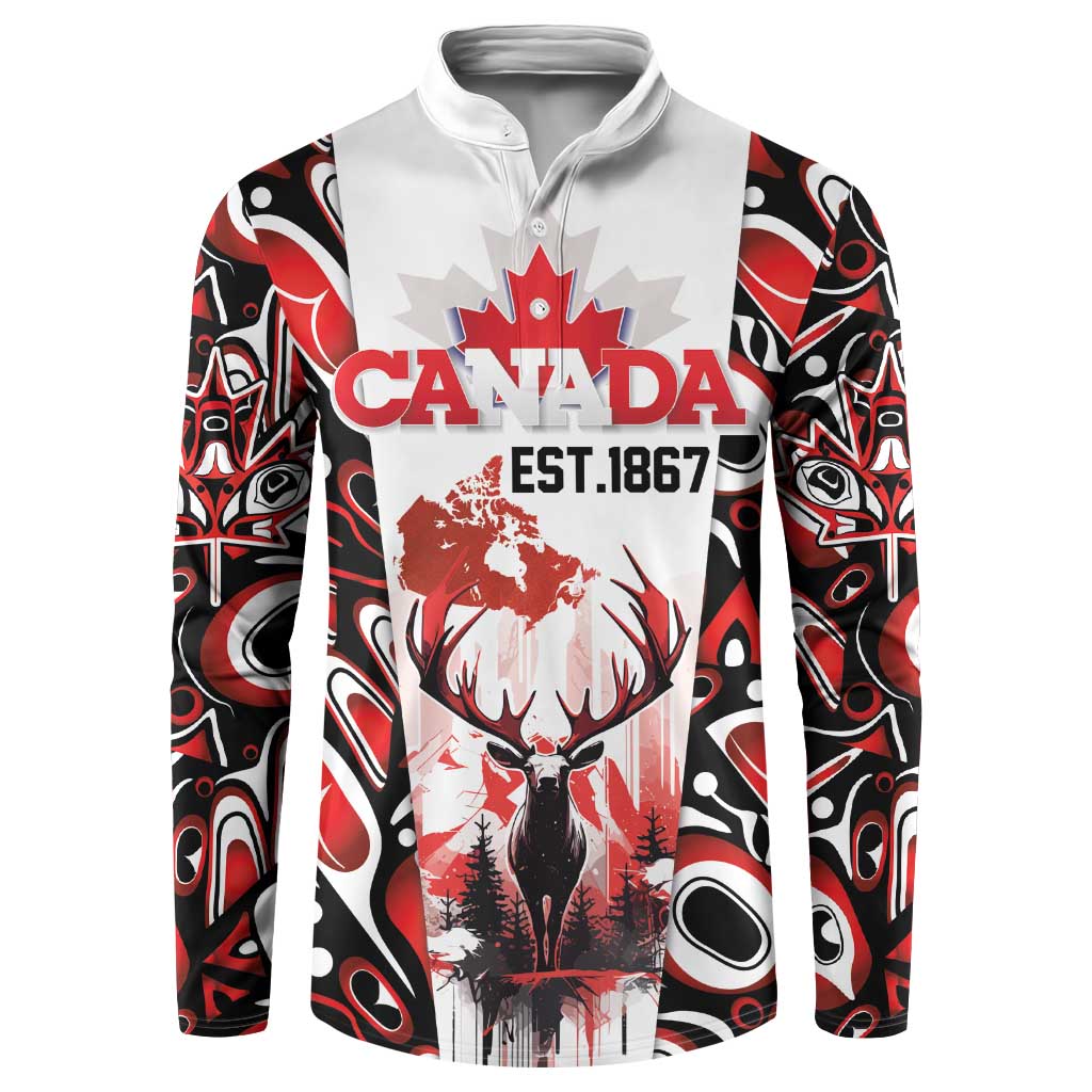 Canada Day Button Sweatshirt The Forest Moose and Maple Leaves-Haida Pattern