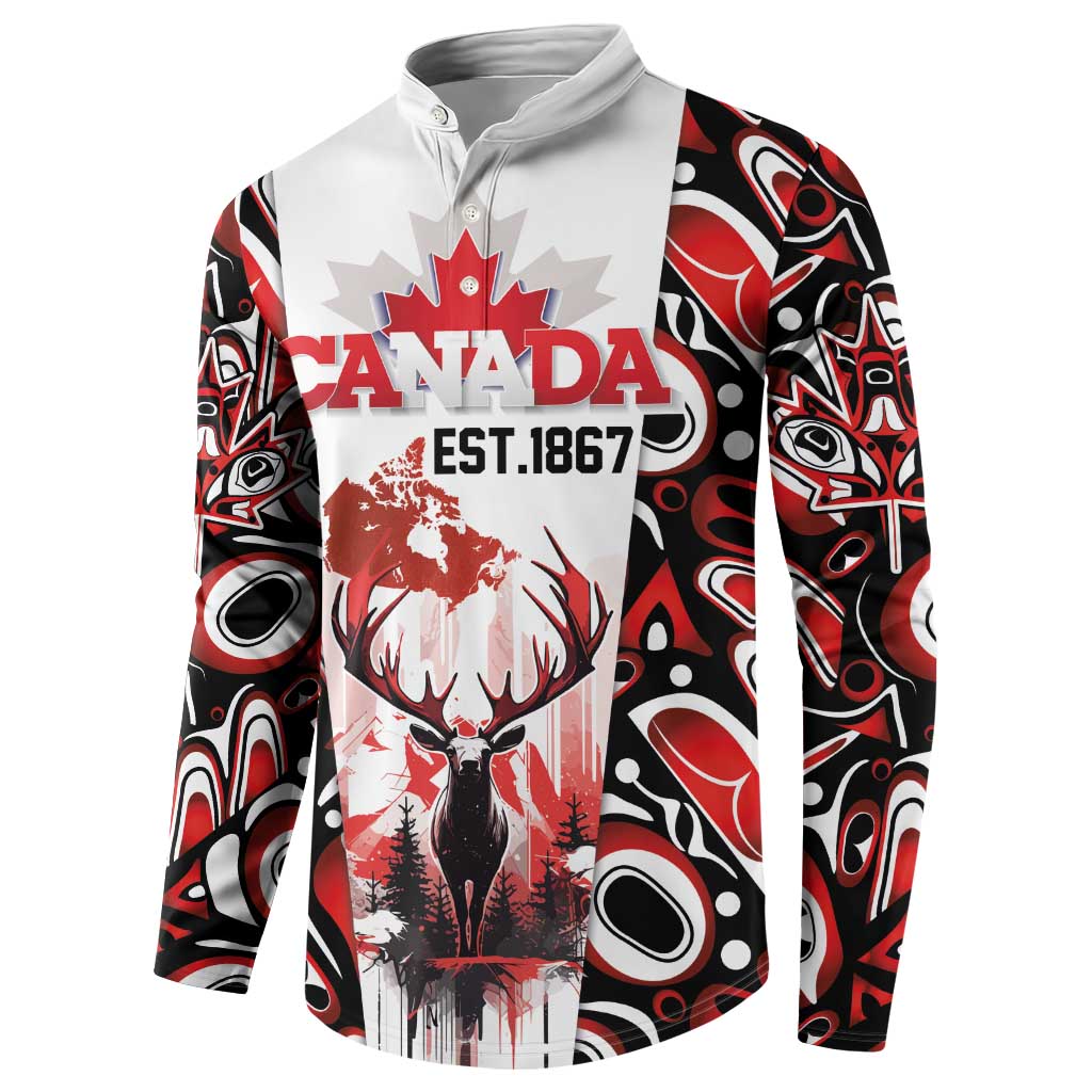 Canada Day Button Sweatshirt The Forest Moose and Maple Leaves-Haida Pattern