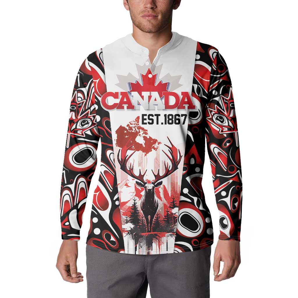 Canada Day Button Sweatshirt The Forest Moose and Maple Leaves-Haida Pattern