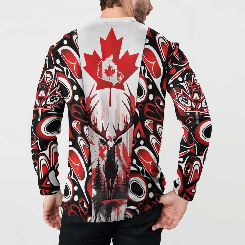Canada Day Button Sweatshirt The Forest Moose and Maple Leaves-Haida Pattern