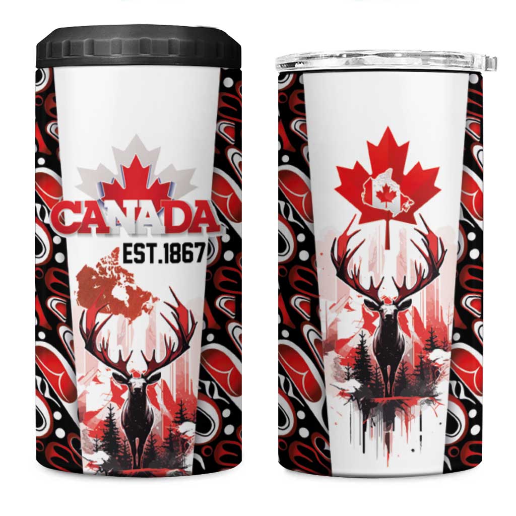 Canada Day 4 in 1 Can Cooler Tumbler The Forest Moose and Maple Leaves-Haida Pattern