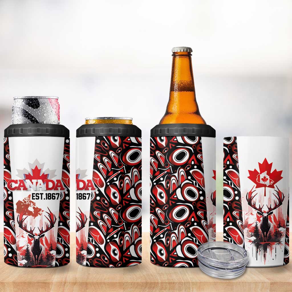 Canada Day 4 in 1 Can Cooler Tumbler The Forest Moose and Maple Leaves-Haida Pattern
