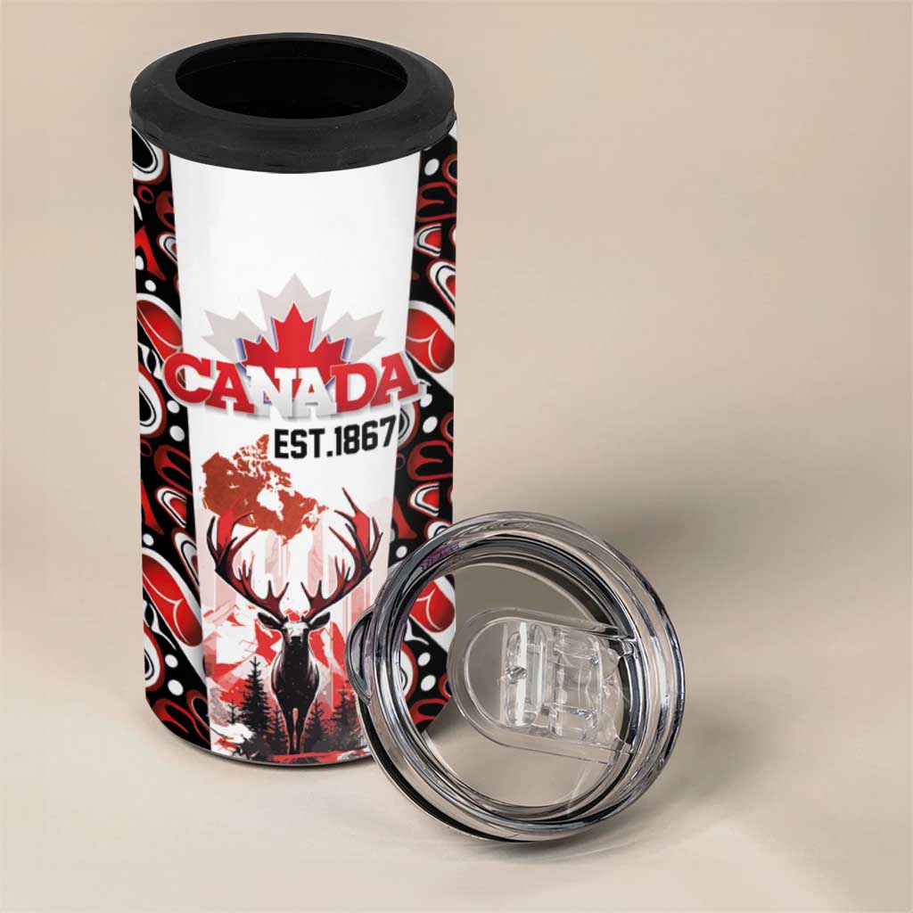 Canada Day 4 in 1 Can Cooler Tumbler The Forest Moose and Maple Leaves-Haida Pattern