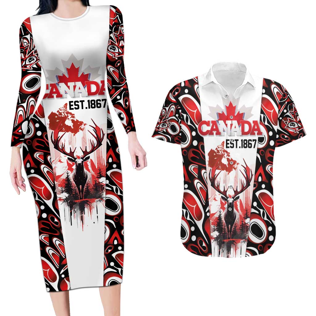Canada Day Couples Matching Long Sleeve Bodycon Dress and Hawaiian Shirt The Forest Moose and Maple Leaves-Haida Pattern