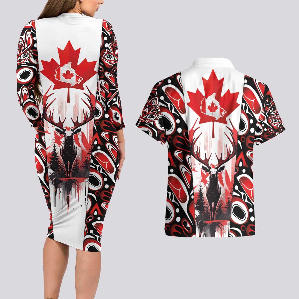 Canada Day Couples Matching Long Sleeve Bodycon Dress and Hawaiian Shirt The Forest Moose and Maple Leaves-Haida Pattern