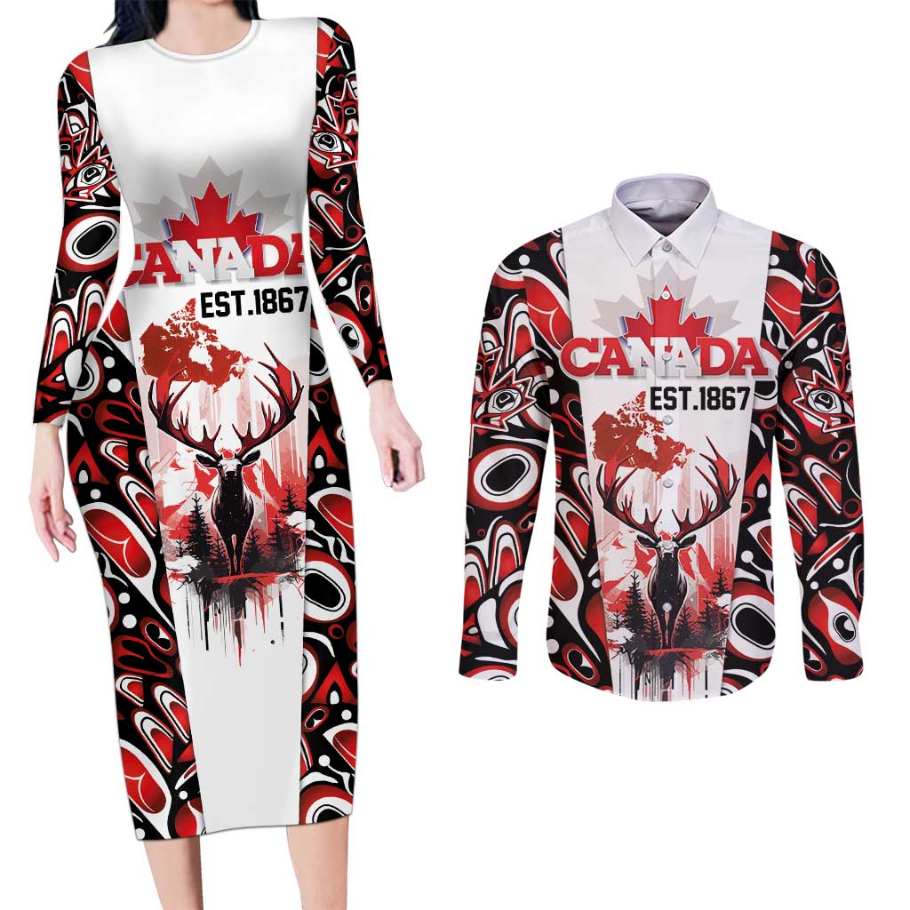 Canada Day Couples Matching Long Sleeve Bodycon Dress and Long Sleeve Button Shirt The Forest Moose and Maple Leaves-Haida Pattern