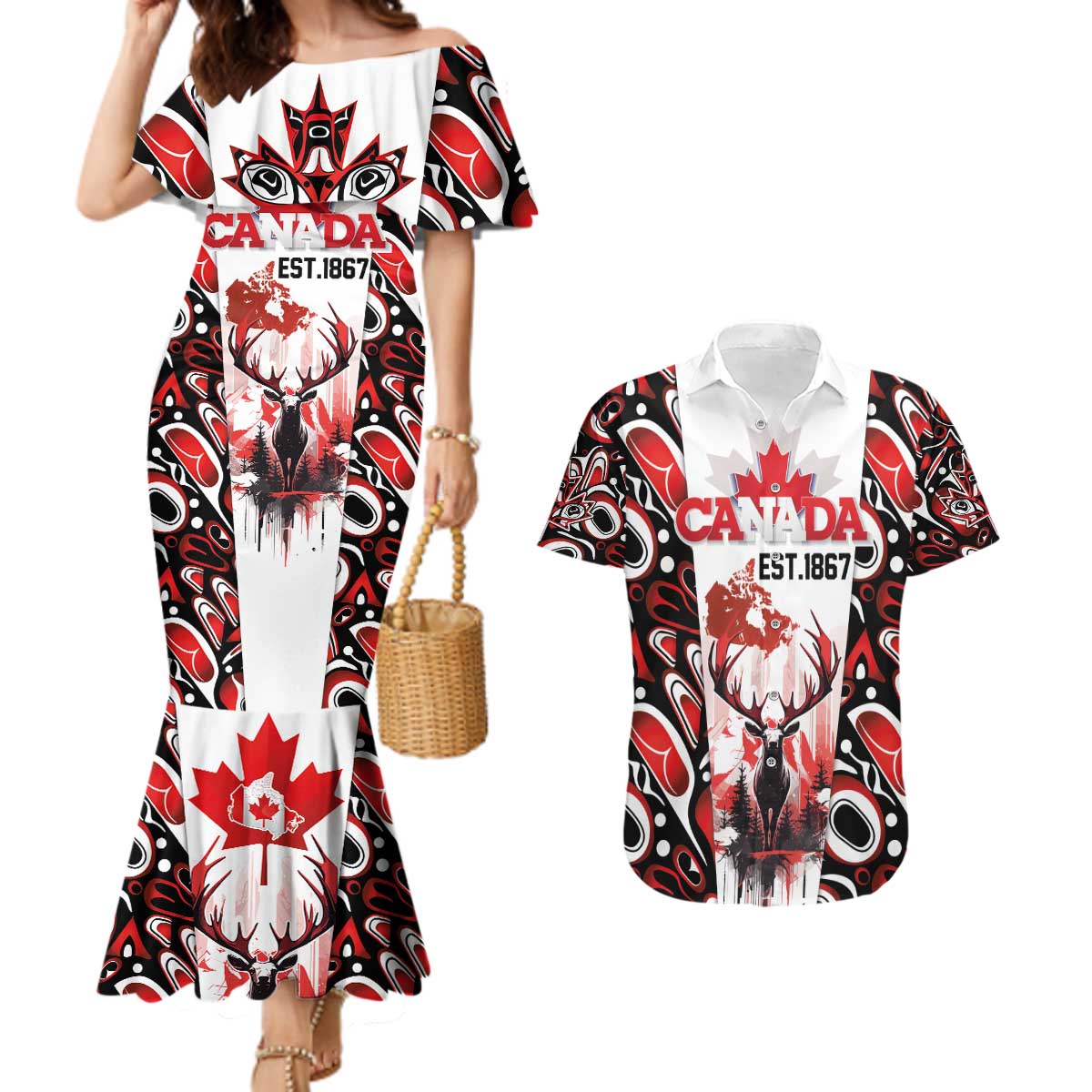 Canada Day Couples Matching Mermaid Dress and Hawaiian Shirt The Forest Moose and Maple Leaves-Haida Pattern