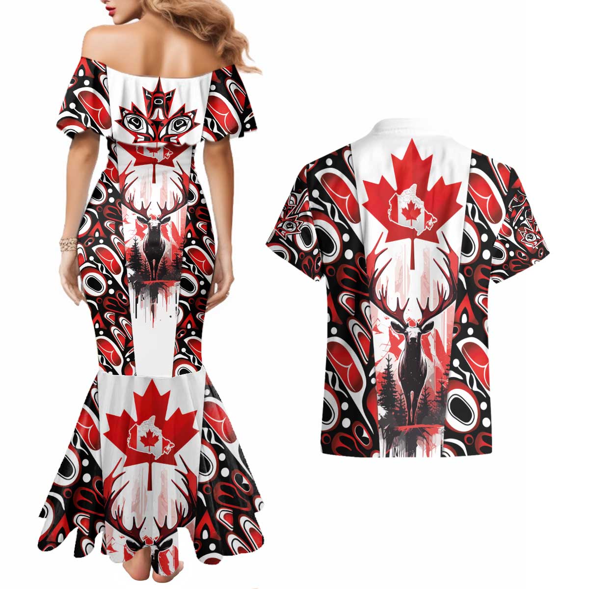 Canada Day Couples Matching Mermaid Dress and Hawaiian Shirt The Forest Moose and Maple Leaves-Haida Pattern