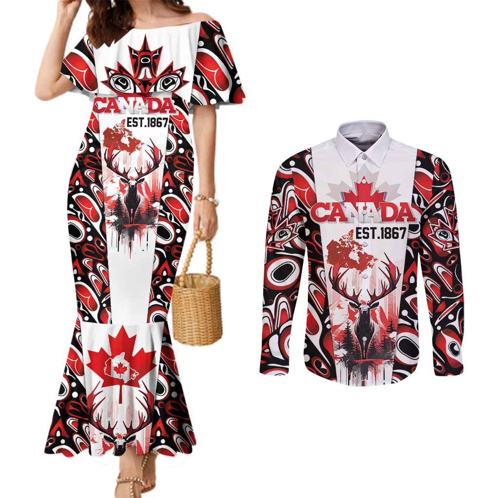 Canada Day Couples Matching Mermaid Dress and Long Sleeve Button Shirt The Forest Moose and Maple Leaves-Haida Pattern