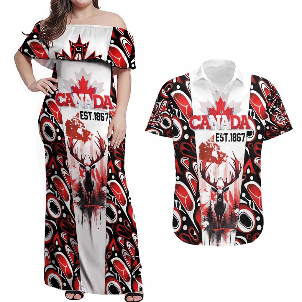 Canada Day Couples Matching Off Shoulder Maxi Dress and Hawaiian Shirt The Forest Moose and Maple Leaves-Haida Pattern