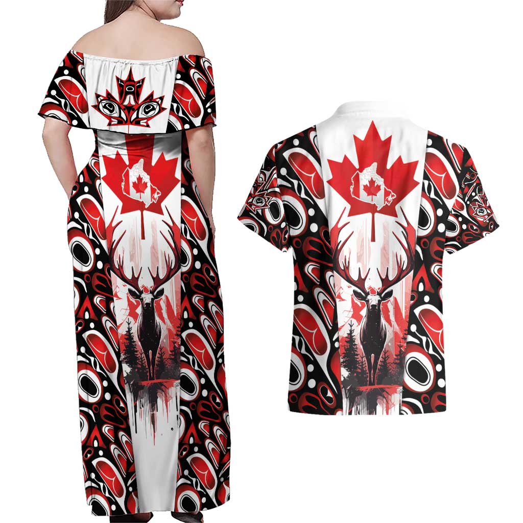 Canada Day Couples Matching Off Shoulder Maxi Dress and Hawaiian Shirt The Forest Moose and Maple Leaves-Haida Pattern