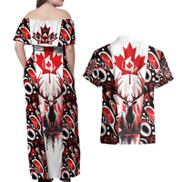 Canada Day Couples Matching Off Shoulder Maxi Dress and Hawaiian Shirt The Forest Moose and Maple Leaves-Haida Pattern