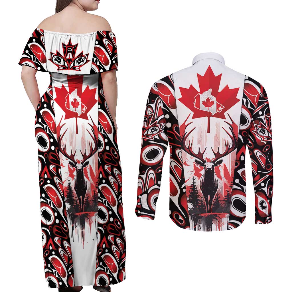 Canada Day Couples Matching Off Shoulder Maxi Dress and Long Sleeve Button Shirt The Forest Moose and Maple Leaves-Haida Pattern