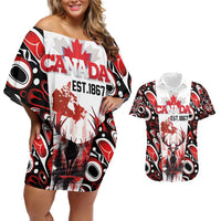 Canada Day Couples Matching Off Shoulder Short Dress and Hawaiian Shirt The Forest Moose and Maple Leaves-Haida Pattern