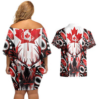Canada Day Couples Matching Off Shoulder Short Dress and Hawaiian Shirt The Forest Moose and Maple Leaves-Haida Pattern
