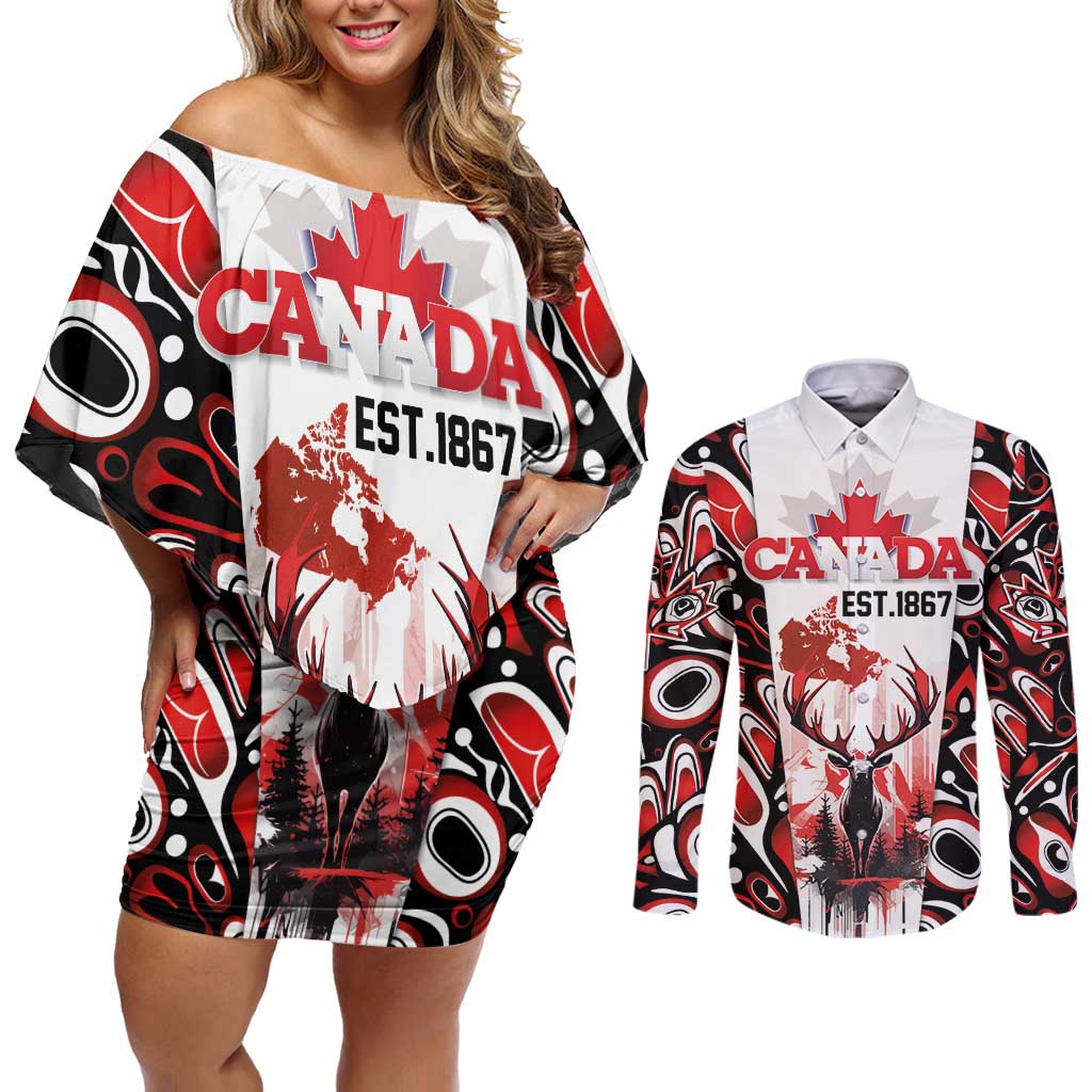 Canada Day Couples Matching Off Shoulder Short Dress and Long Sleeve Button Shirt The Forest Moose and Maple Leaves-Haida Pattern