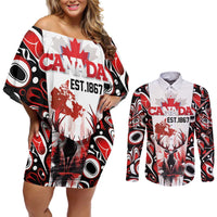 Canada Day Couples Matching Off Shoulder Short Dress and Long Sleeve Button Shirt The Forest Moose and Maple Leaves-Haida Pattern