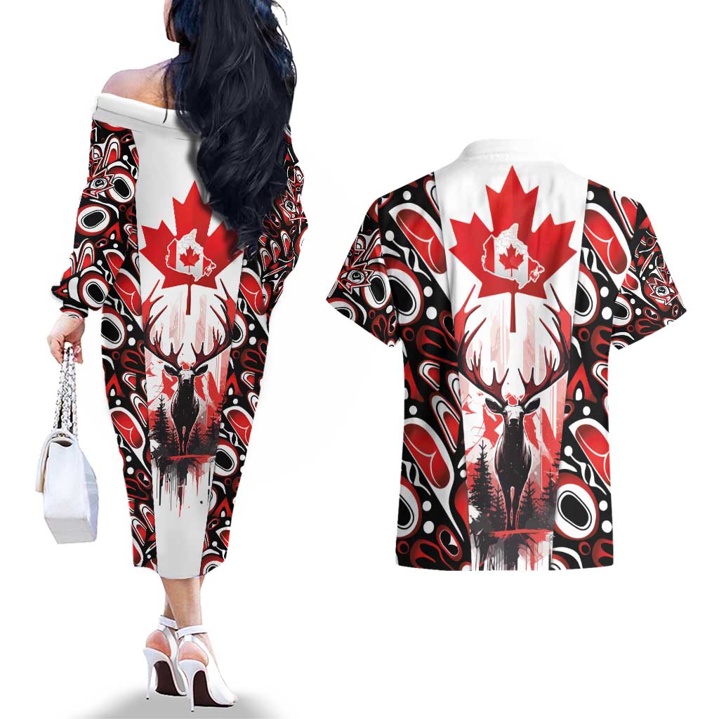 Canada Day Couples Matching Off The Shoulder Long Sleeve Dress and Hawaiian Shirt The Forest Moose and Maple Leaves-Haida Pattern
