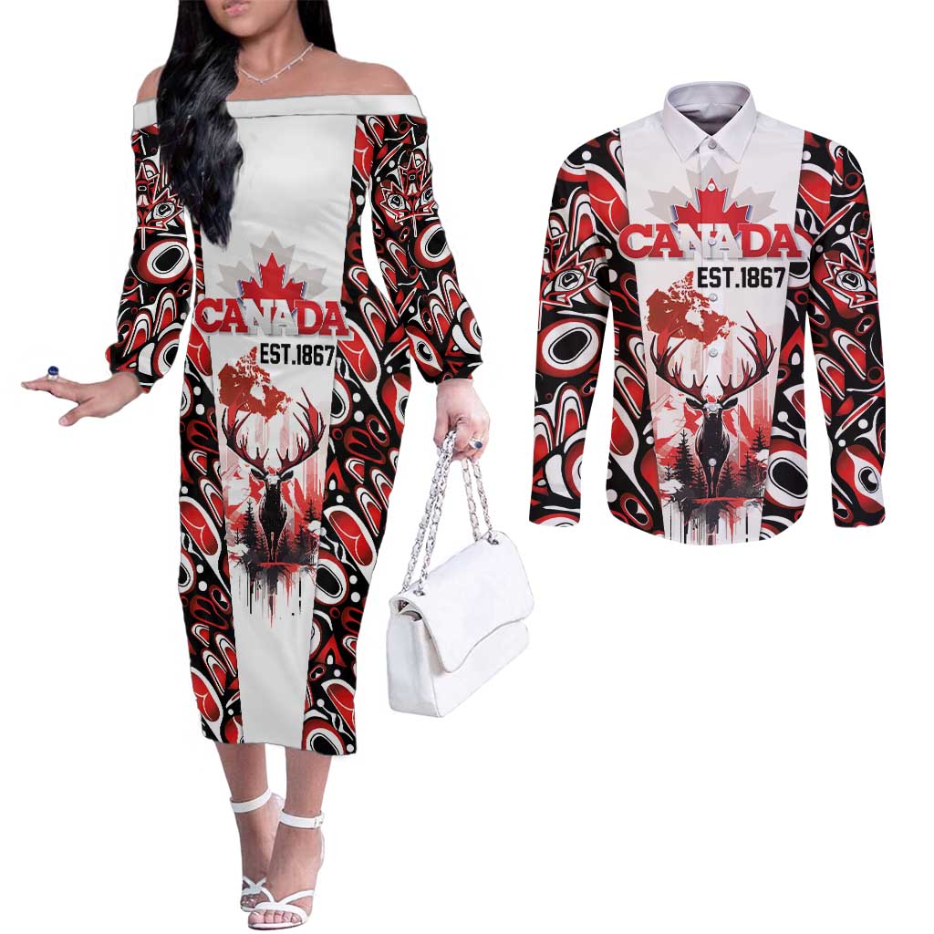 Canada Day Couples Matching Off The Shoulder Long Sleeve Dress and Long Sleeve Button Shirt The Forest Moose and Maple Leaves-Haida Pattern