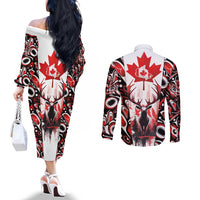 Canada Day Couples Matching Off The Shoulder Long Sleeve Dress and Long Sleeve Button Shirt The Forest Moose and Maple Leaves-Haida Pattern