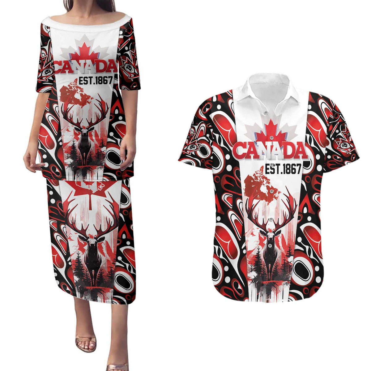 Canada Day Couples Matching Puletasi and Hawaiian Shirt The Forest Moose and Maple Leaves-Haida Pattern
