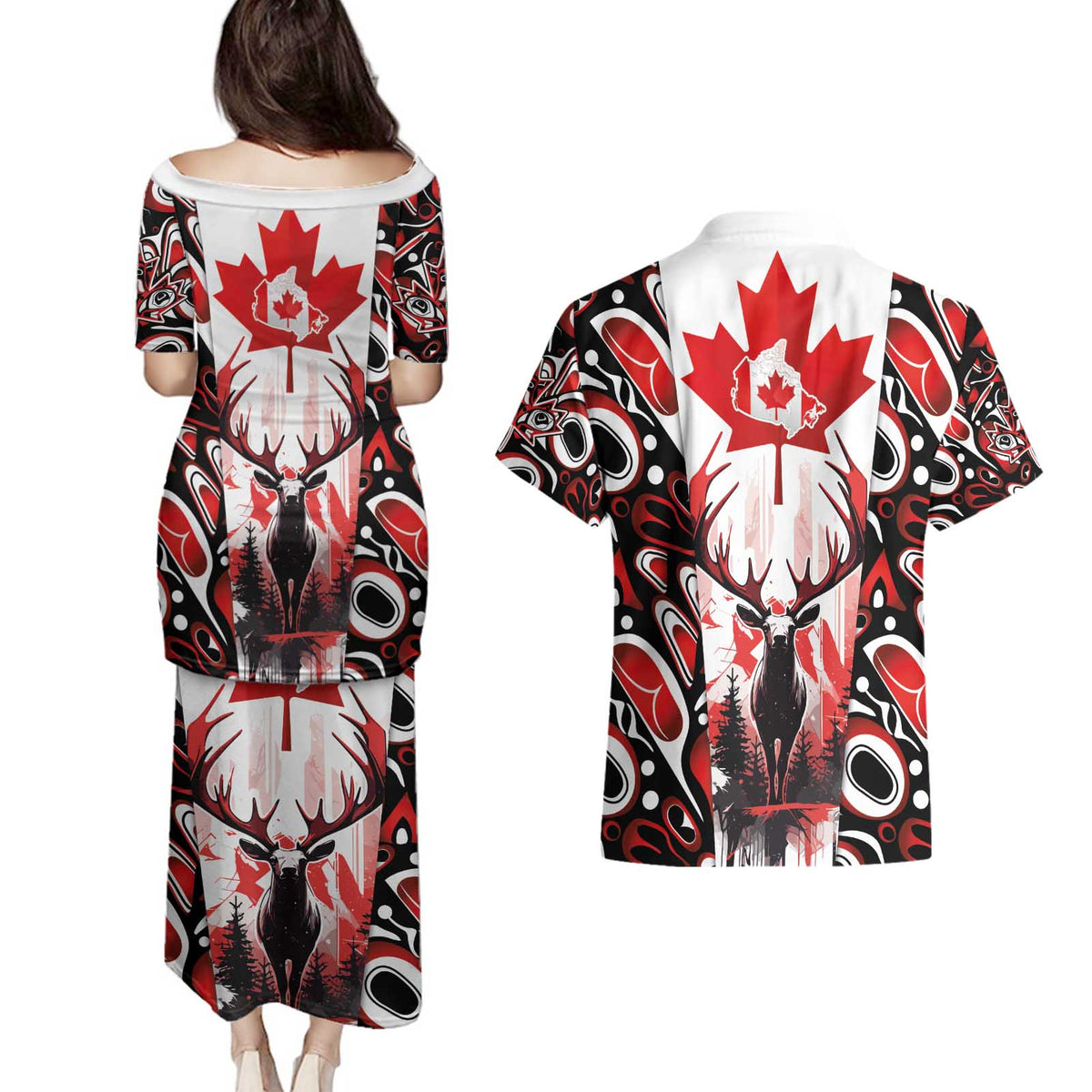 Canada Day Couples Matching Puletasi and Hawaiian Shirt The Forest Moose and Maple Leaves-Haida Pattern