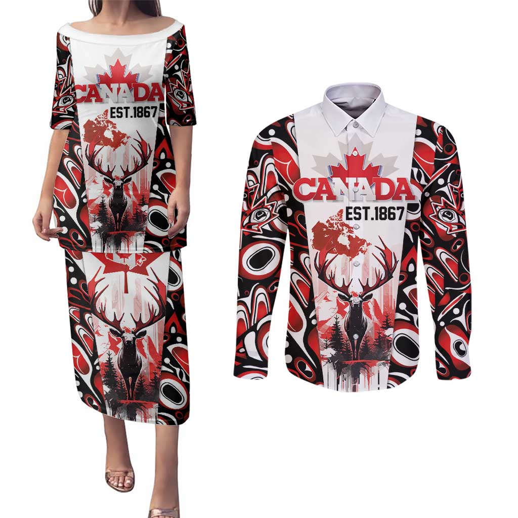 Canada Day Couples Matching Puletasi and Long Sleeve Button Shirt The Forest Moose and Maple Leaves-Haida Pattern