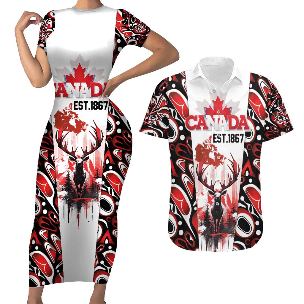 Canada Day Couples Matching Short Sleeve Bodycon Dress and Hawaiian Shirt The Forest Moose and Maple Leaves-Haida Pattern
