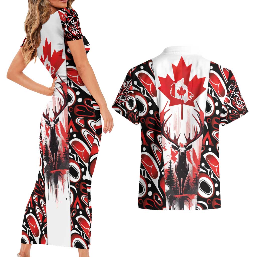 Canada Day Couples Matching Short Sleeve Bodycon Dress and Hawaiian Shirt The Forest Moose and Maple Leaves-Haida Pattern