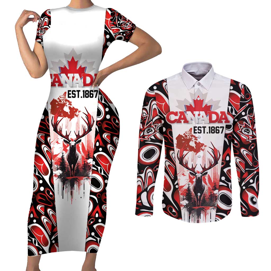 Canada Day Couples Matching Short Sleeve Bodycon Dress and Long Sleeve Button Shirt The Forest Moose and Maple Leaves-Haida Pattern