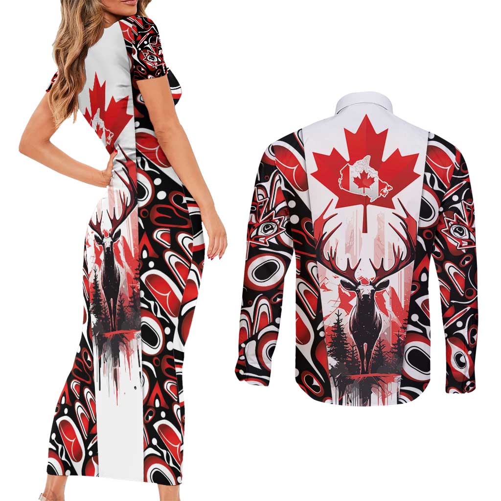 Canada Day Couples Matching Short Sleeve Bodycon Dress and Long Sleeve Button Shirt The Forest Moose and Maple Leaves-Haida Pattern