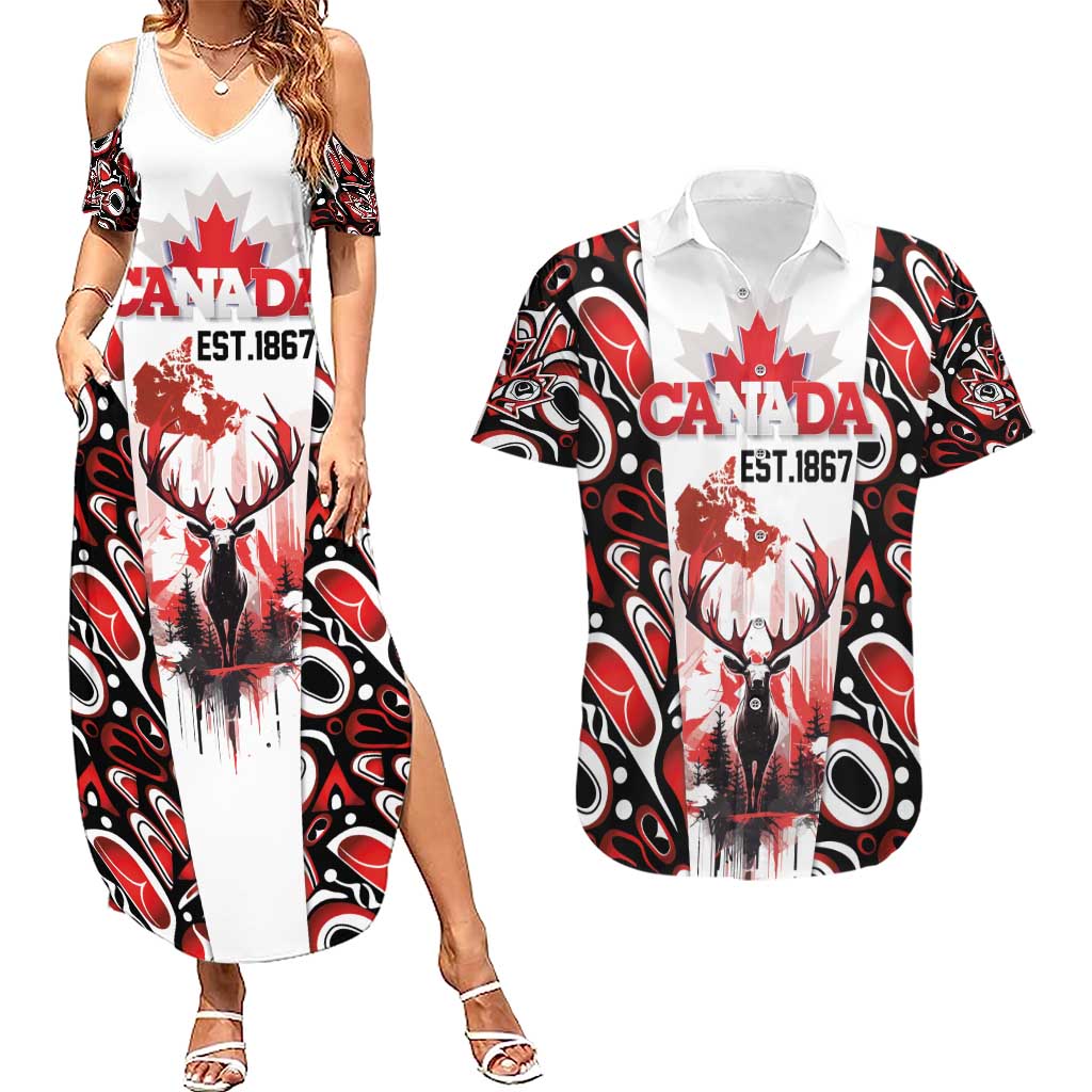 Canada Day Couples Matching Summer Maxi Dress and Hawaiian Shirt The Forest Moose and Maple Leaves-Haida Pattern