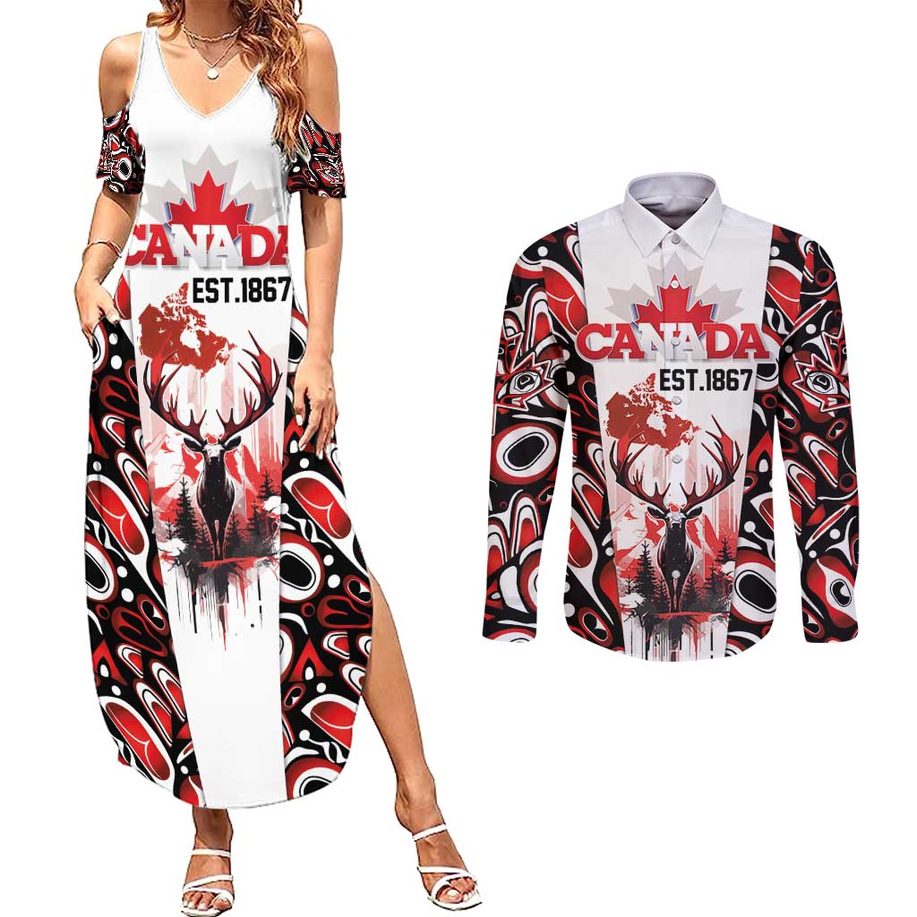 Canada Day Couples Matching Summer Maxi Dress and Long Sleeve Button Shirt The Forest Moose and Maple Leaves-Haida Pattern