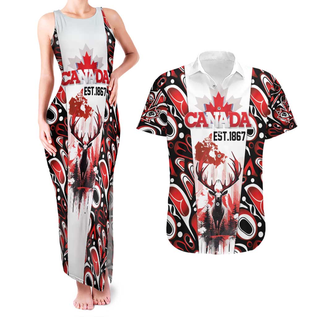Canada Day Couples Matching Tank Maxi Dress and Hawaiian Shirt The Forest Moose and Maple Leaves-Haida Pattern
