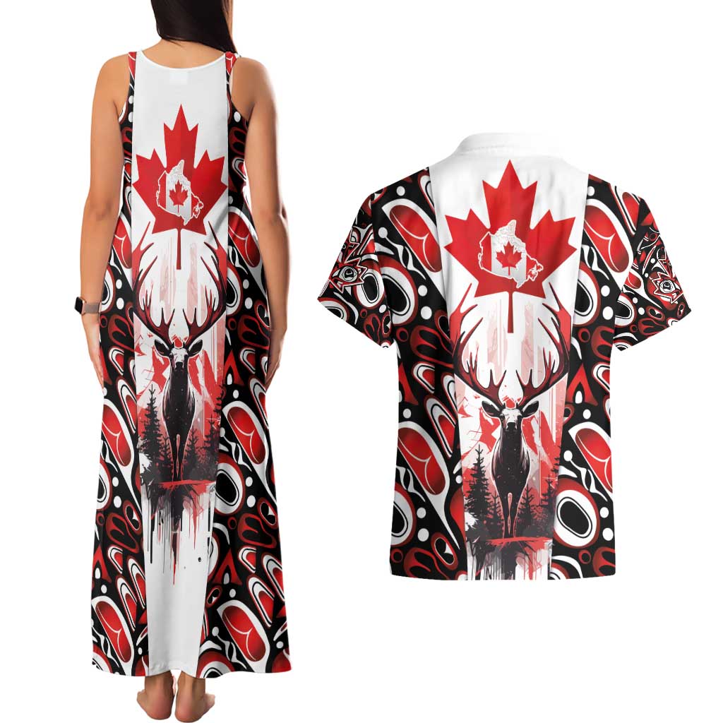 Canada Day Couples Matching Tank Maxi Dress and Hawaiian Shirt The Forest Moose and Maple Leaves-Haida Pattern
