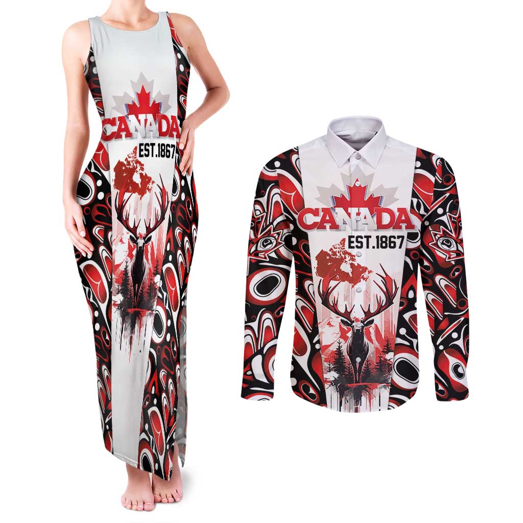 Canada Day Couples Matching Tank Maxi Dress and Long Sleeve Button Shirt The Forest Moose and Maple Leaves-Haida Pattern