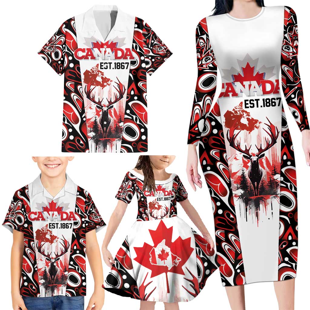 Canada Day Family Matching Long Sleeve Bodycon Dress and Hawaiian Shirt The Forest Moose and Maple Leaves-Haida Pattern
