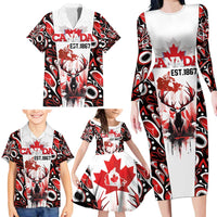 Canada Day Family Matching Long Sleeve Bodycon Dress and Hawaiian Shirt The Forest Moose and Maple Leaves-Haida Pattern