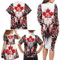 Canada Day Family Matching Long Sleeve Bodycon Dress and Hawaiian Shirt The Forest Moose and Maple Leaves-Haida Pattern