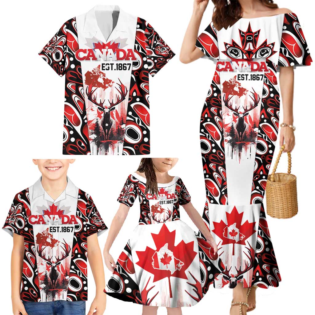 Canada Day Family Matching Mermaid Dress and Hawaiian Shirt The Forest Moose and Maple Leaves-Haida Pattern