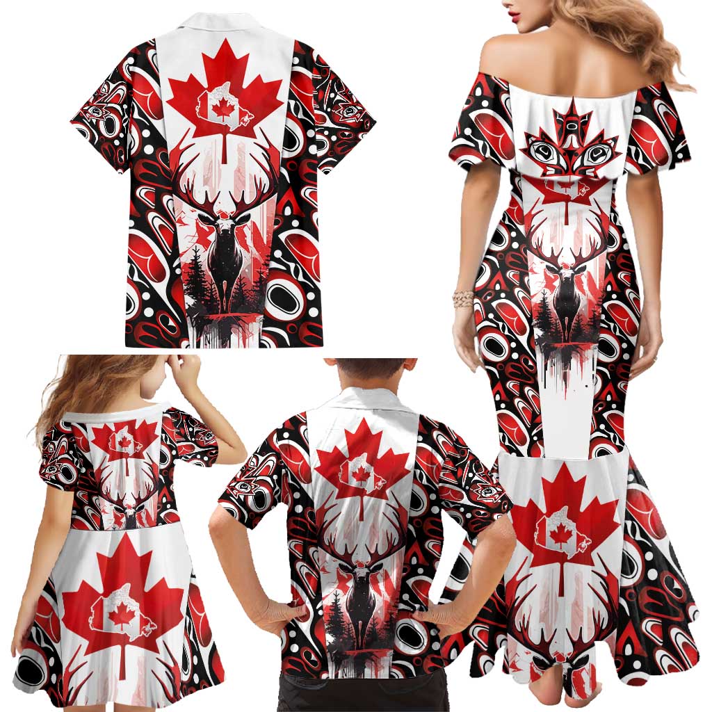 Canada Day Family Matching Mermaid Dress and Hawaiian Shirt The Forest Moose and Maple Leaves-Haida Pattern