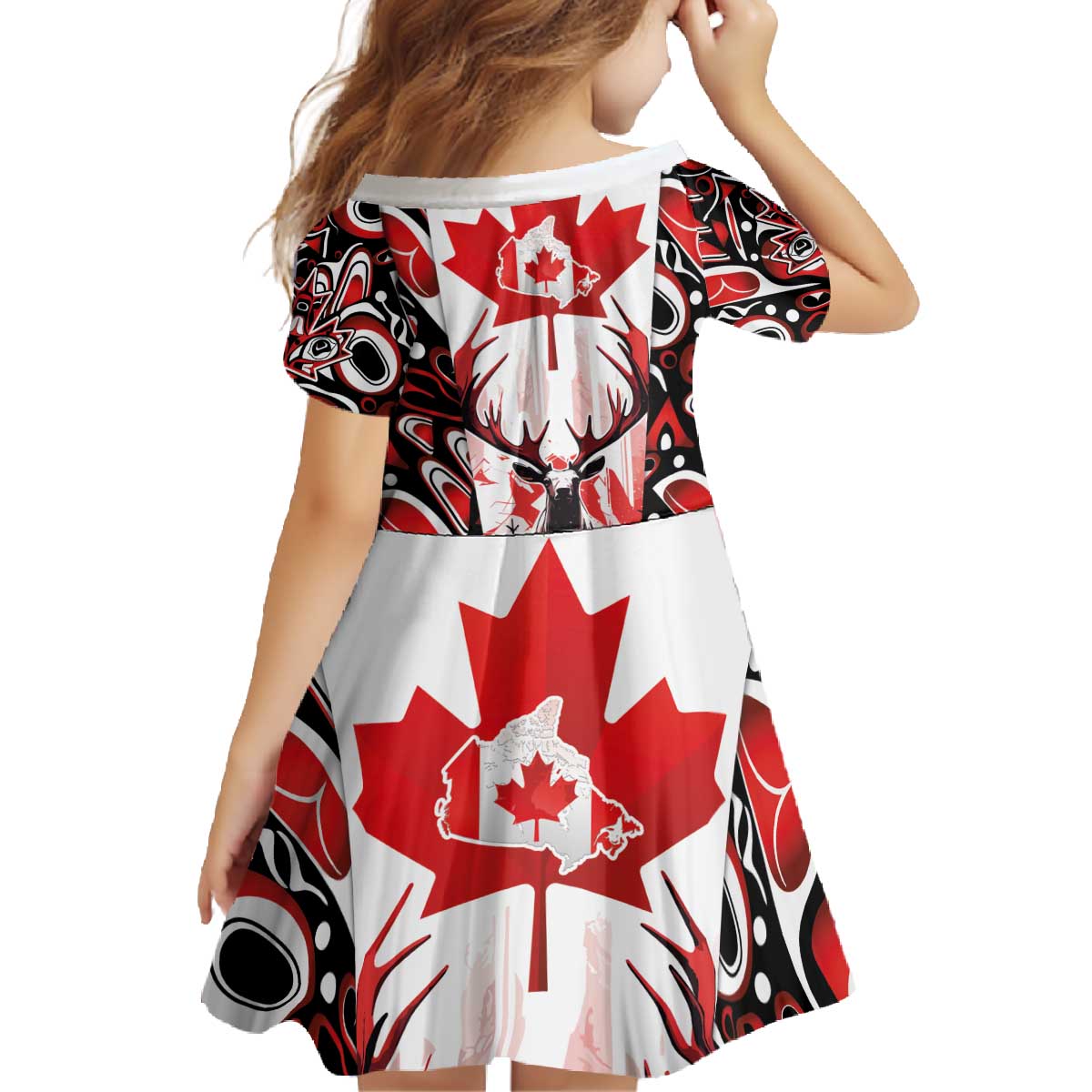 Canada Day Family Matching Off The Shoulder Long Sleeve Dress and Hawaiian Shirt The Forest Moose and Maple Leaves-Haida Pattern