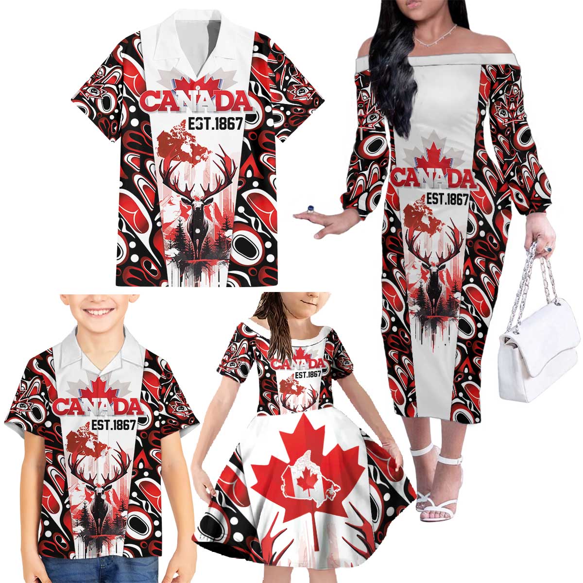 Canada Day Family Matching Off The Shoulder Long Sleeve Dress and Hawaiian Shirt The Forest Moose and Maple Leaves-Haida Pattern
