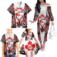 Canada Day Family Matching Off The Shoulder Long Sleeve Dress and Hawaiian Shirt The Forest Moose and Maple Leaves-Haida Pattern
