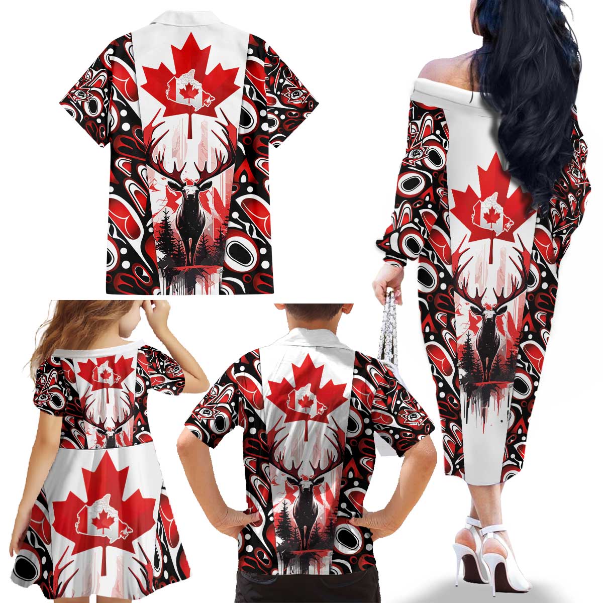 Canada Day Family Matching Off The Shoulder Long Sleeve Dress and Hawaiian Shirt The Forest Moose and Maple Leaves-Haida Pattern