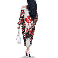 Canada Day Family Matching Off The Shoulder Long Sleeve Dress and Hawaiian Shirt The Forest Moose and Maple Leaves-Haida Pattern