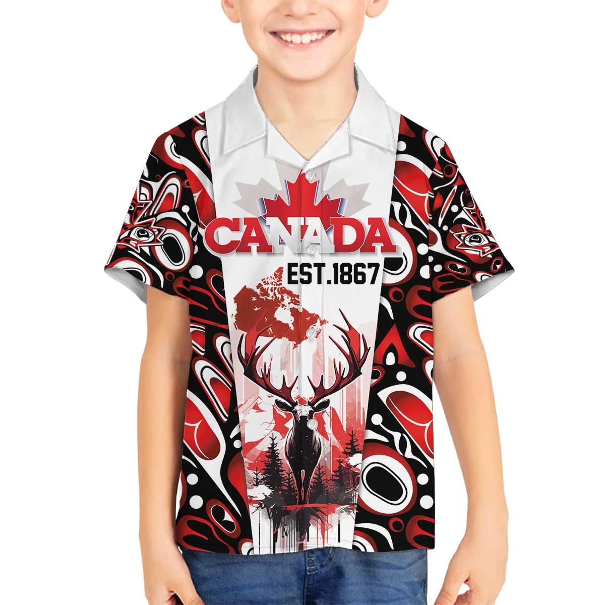 Canada Day Family Matching Off The Shoulder Long Sleeve Dress and Hawaiian Shirt The Forest Moose and Maple Leaves-Haida Pattern