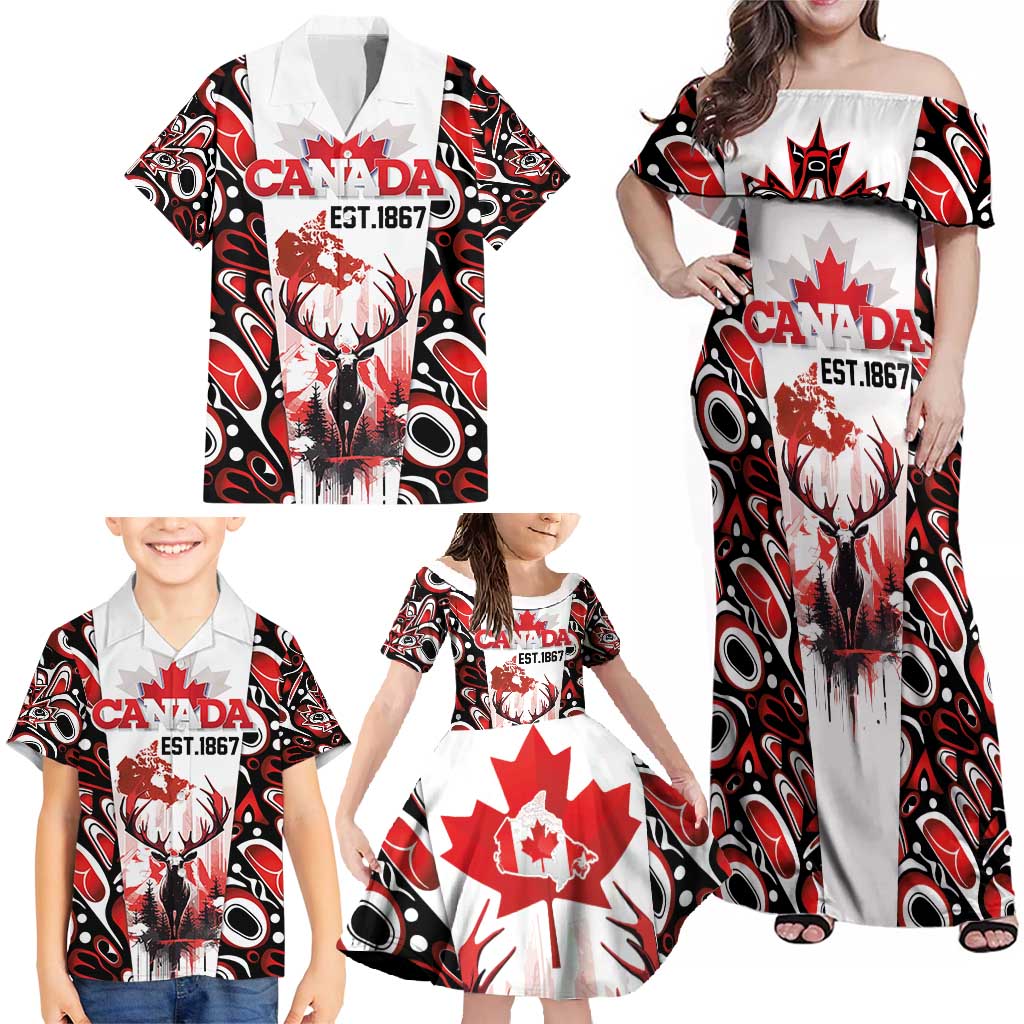Canada Day Family Matching Off Shoulder Maxi Dress and Hawaiian Shirt The Forest Moose and Maple Leaves-Haida Pattern
