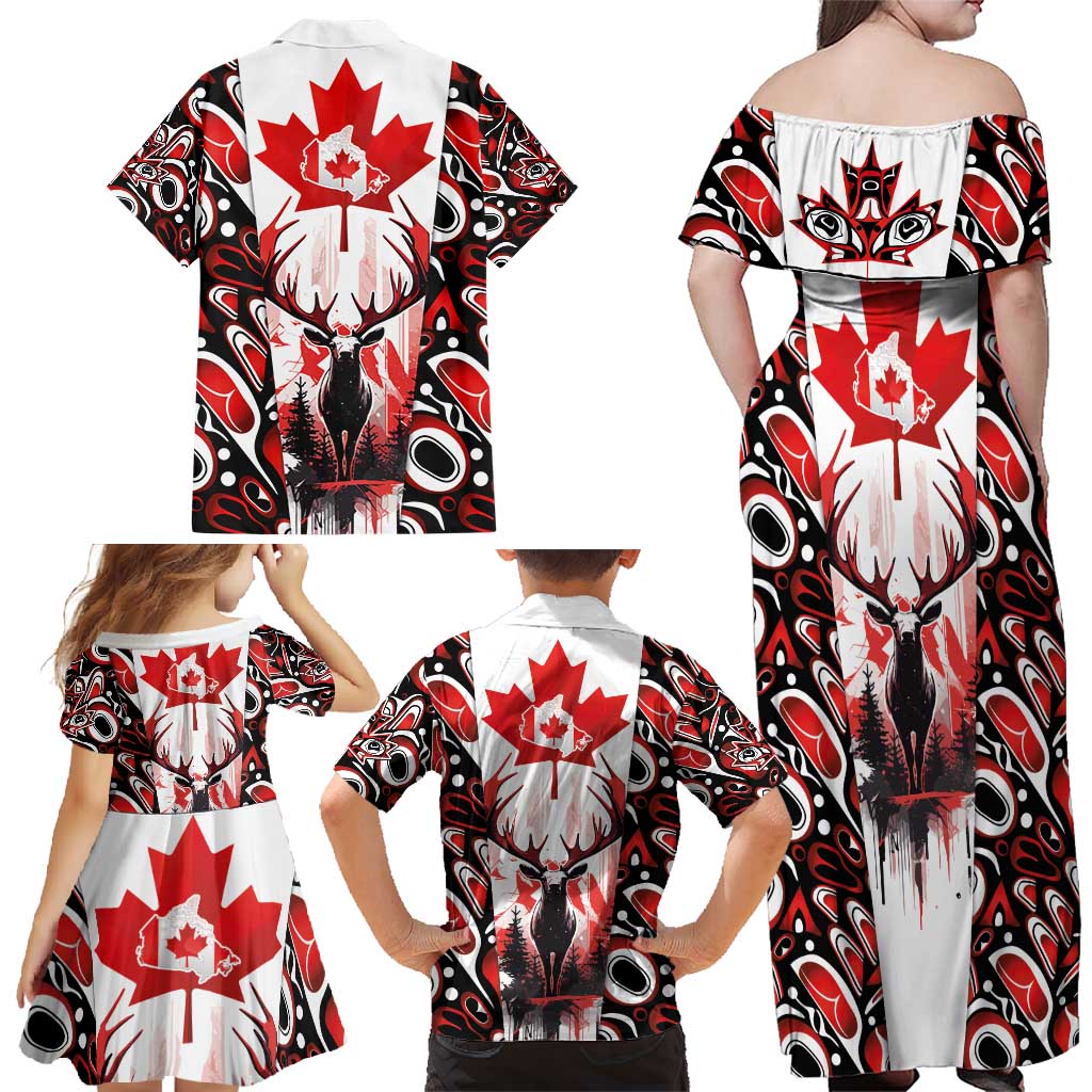 Canada Day Family Matching Off Shoulder Maxi Dress and Hawaiian Shirt The Forest Moose and Maple Leaves-Haida Pattern